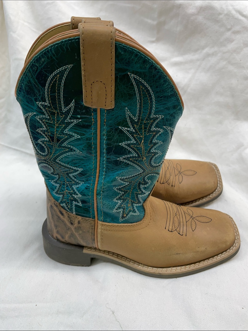 Smoky Mountain leather Tan and Teal Western Cowboy Boots Sz 1-1 1/2